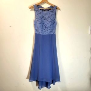 Slate blue formal dress with lace top and   chiffon skirt